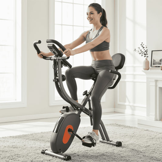 Folding Exercise Bike 4 in 1 Magnetic Stationary Recumbent Bike 10 Level Resistance for Home Use with Arm Resistance Bands